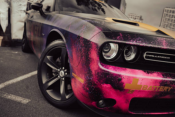 Dodge Challenger with a custom printed splatter vinyl wrap