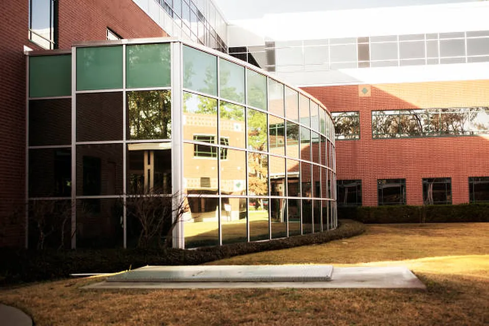 Government office building glass facade treated with security window film