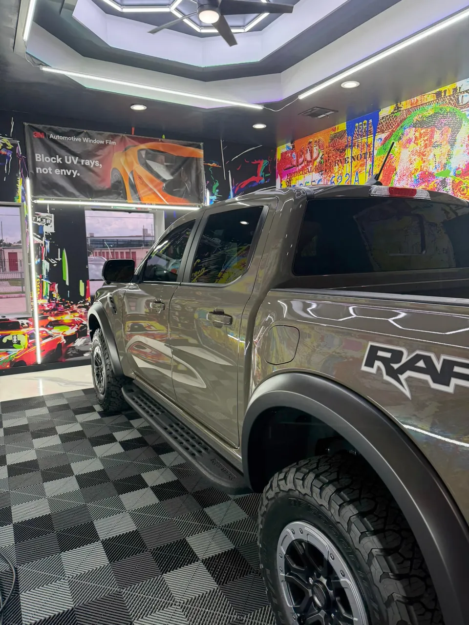 Gray Ford Ranger Raptor with ceramic window tint in the LeWolf Magnolia TX shop
