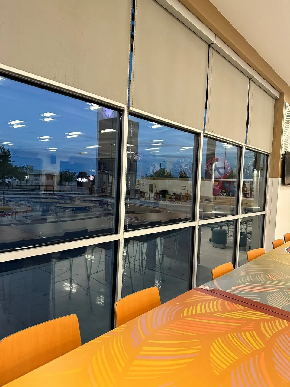 School cafeteria glass wall finished with safety and security window film